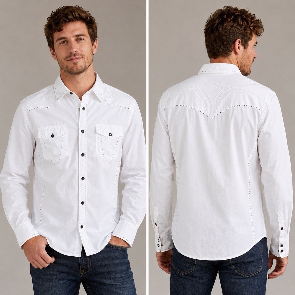 Buckle Black Mens M White Western Shirt Embroidered Pearl Snap Cowboy